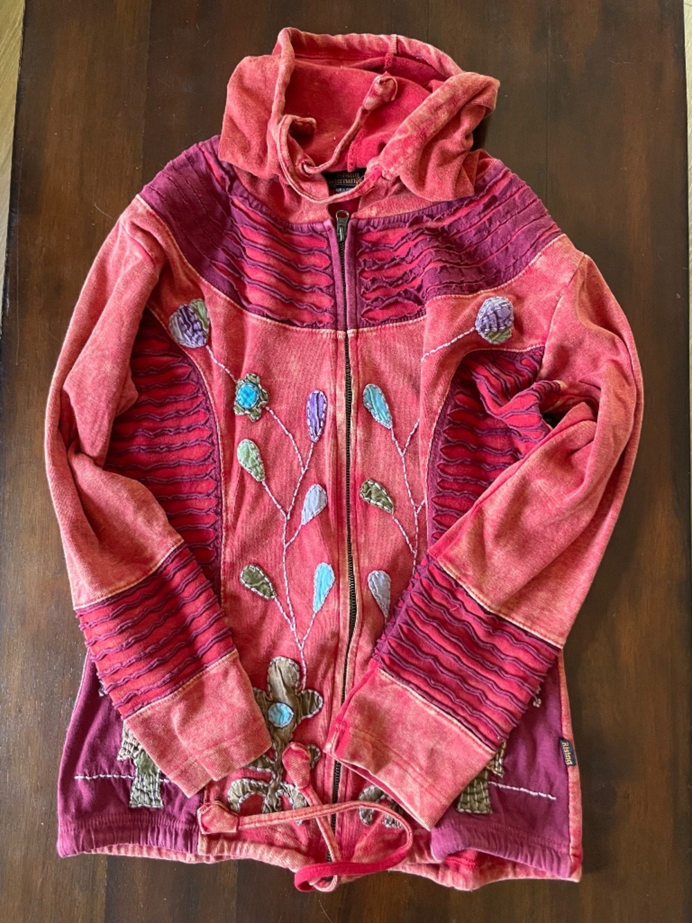 Rising International Boho Hoodie | Floral Embroidered Patchwork Zip-Up | M